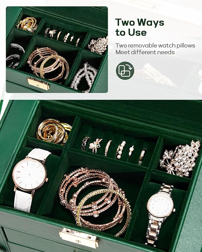 Homde Synthetic Leather Huge Jewelry Box Mirrored Watch Organizer Necklace Ring Earring Storage Lockable Gift Case (Forest Gr