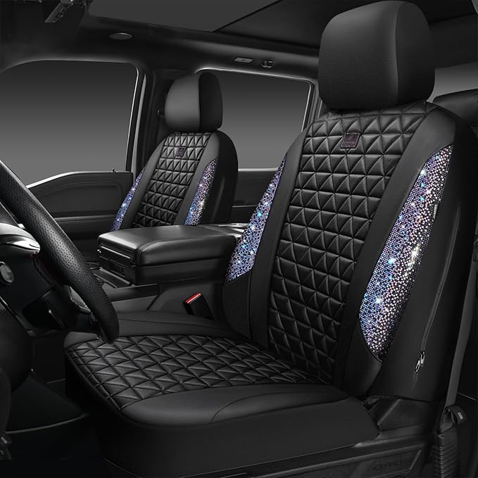 CAR PASS Bling Diamond Black Leather Car Seat Covers Full Set Interior Sets, Waterproof Shining Glitter Sparkly Crystal Armre