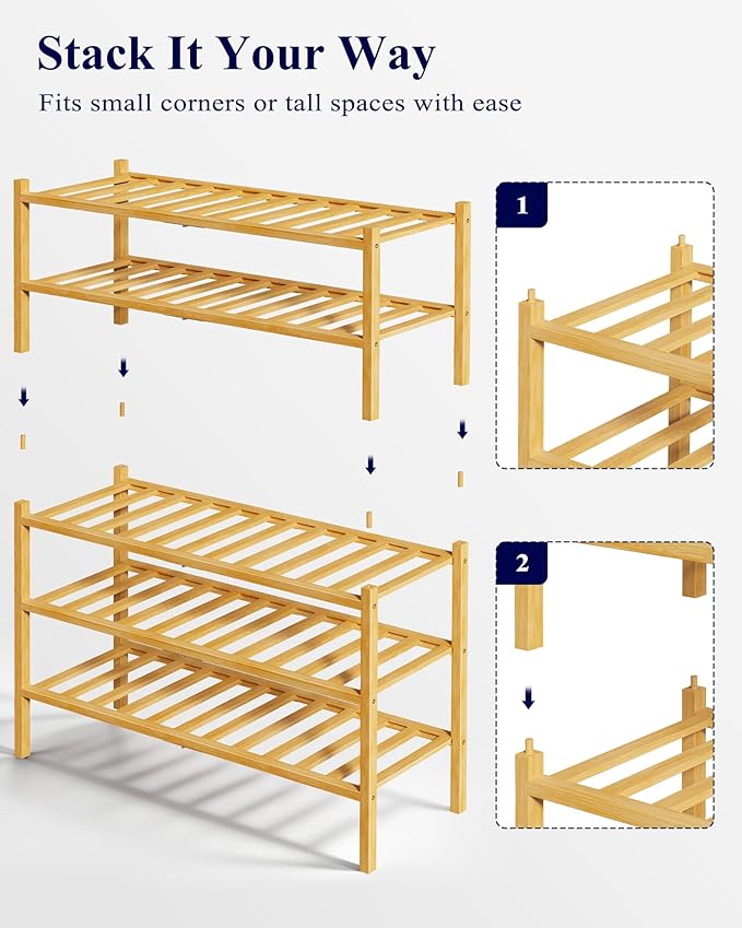 Kitsure Bamboo Wooden Shoe Rack for Closet - Stackable Shoe Organizer with Modular Structure, Space-Saving Shoe Shelf for Ent