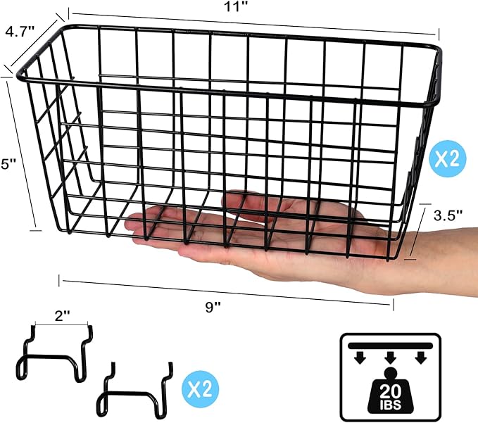 G.CORE 2 Pack Pegboard Baskets, Metal Shelves Hooks to 1/8" 1/4" Peg Boards, Peg Board Baskets Bins Set - Organize Tools Work