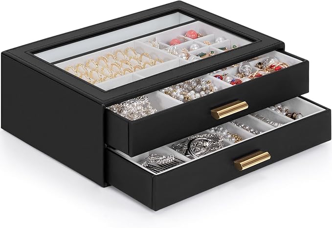 AKOZLIN Jewelry Box with Clear Lid Functional Leather Jewelry Storage Organizer Case 2 Drawers for Women Girls Necklace Ring 