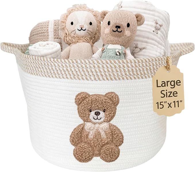 Teddy Bear Storage Basket for Nursery – Large 15"x11" Cotton Rope Bin with Soft Embroidered Bear Patch – Gender Neutral Toy O