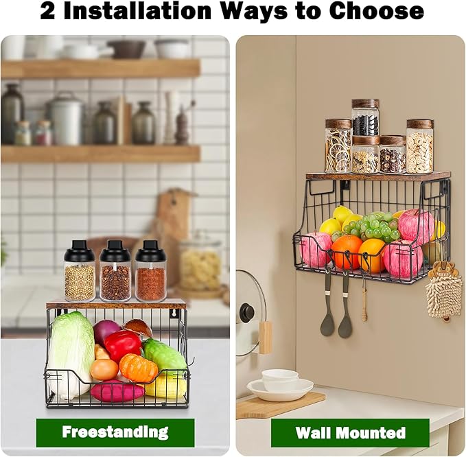 Livabber Fruit Basket for Kitchen, Metal Fruit Vegetable Storage Bin with 2 Banana Hangers, Countertop Wire Basket Organizer 