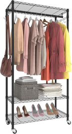 Rolling Portable Garment Rack,Freestanding Clothes Racks, Portable Closet Wardrobe with 3 Adjustable Wire shelves,2 Side Hook