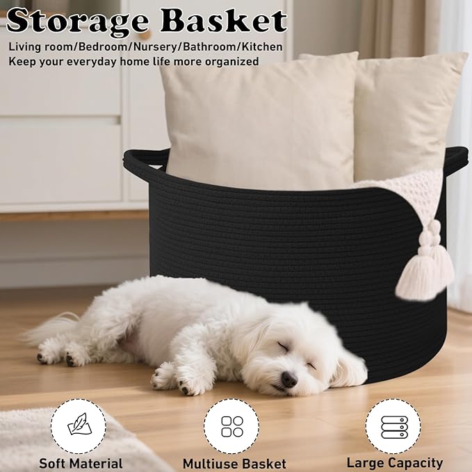 65L Extra Large Woven Cotton Rope Blanket Basket with Handles, Laundry Hamper Storage Bin for Pillows, Comforters,Clothes, To