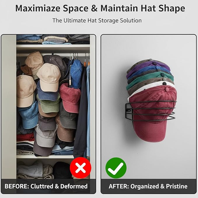 Heran Hat Racks for Baseball Caps 2-Pack, Wall Mounted Hat Organizer for Wall Door Closet, Metal Hat Rack Holder Up to 30 Cap