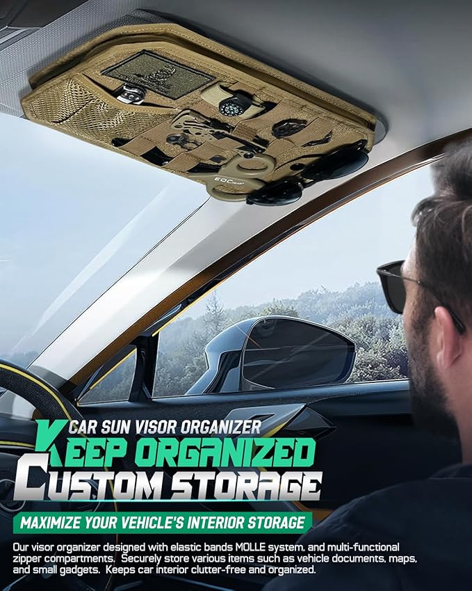 LIVANS Tactical Car Sun Visor Organizer, Automotive Semi-Rigid MOLLE Panel with Zipper Storage Pouch & Glasses Clip, Universal Fit for Trucks, SUVs, Jeeps & Patrol Vehicles (Khaki)