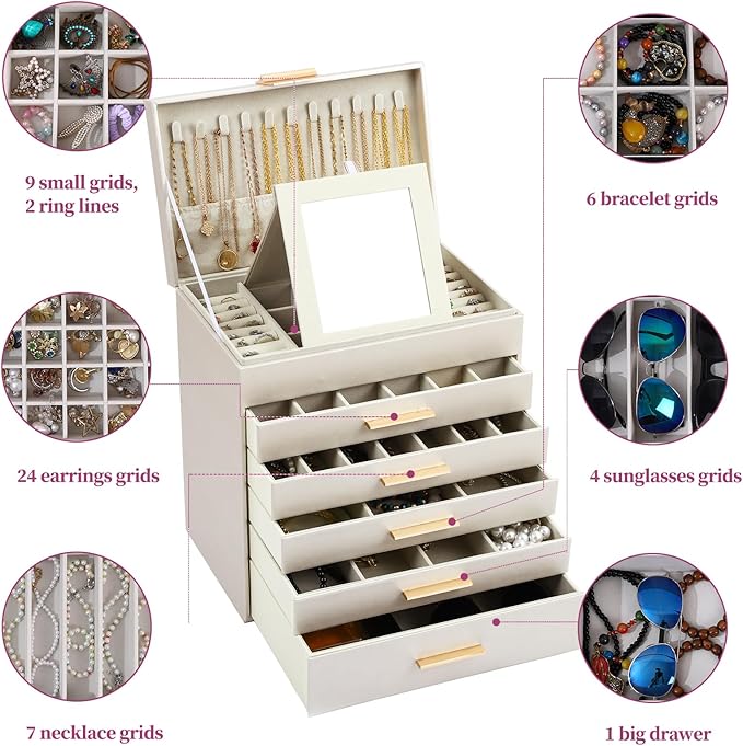 BOOVO Jewelry Boxes for Women, White and Black 6 Layer Large Jewelry Box for Necklace, Bracelet, Earrings, Rings Storage, Jew