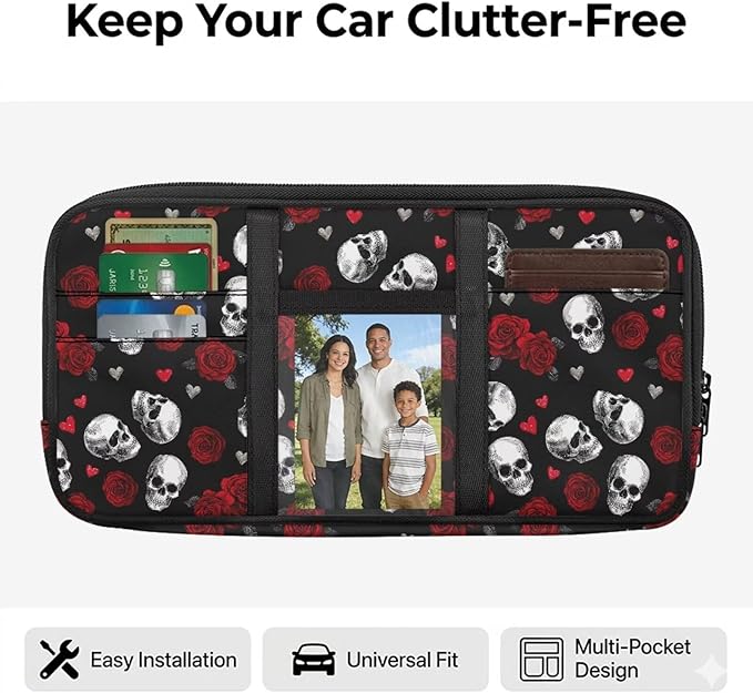 Skull Zippered Sun Visor Car Document Organizer with Adjustable Straps Car Visor Organizer with Pocket Storage and Picture Holder Easy Installation Universal Fit for Most Cars SUV