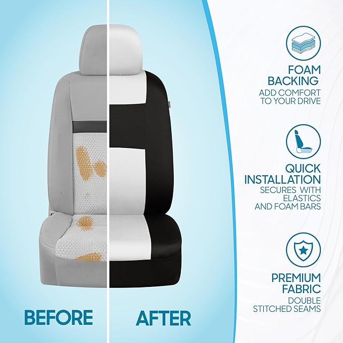 BDK PolyPro Car Seat Covers Full Set in White on Black, Front and Rear Split Bench Seat Covers for Cars, Easy to Install Car 