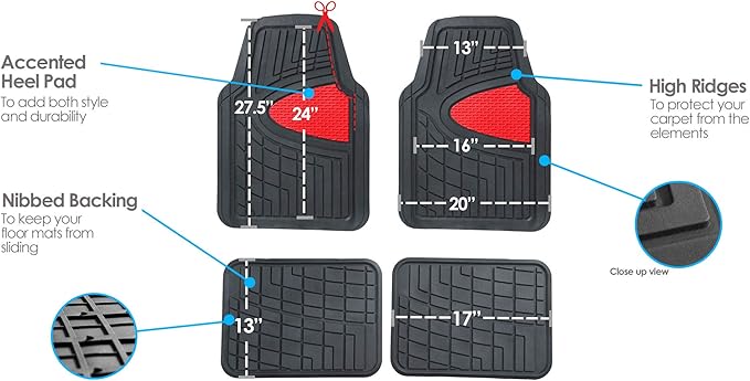 FH Group Automotive Floor Mats - Heavy-Duty Rubber Floor Mats for Cars, Universal Fit Full Set, Climaproof Floor Mats, Trimmable Floor Mats for Most Sedan, SUV, Truck Floor Mats Red