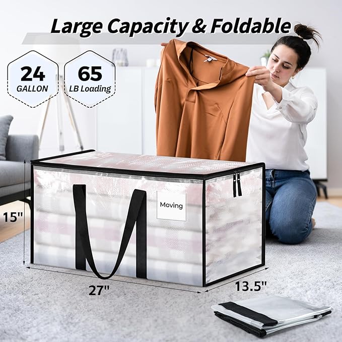 16 Pack Extra Large Heavy Duty Moving Bags, Clear Storage Bins with Lids, Reinforced Handles & Heavy-Duty Zippers Moving Boxe