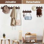 Kuhome 32.2'' Large Coat Rack Wall Mount Coat Hooks Coat Hanger with 8 Metal Black Triple- Hooks Brown Pine Real Wood Plank H