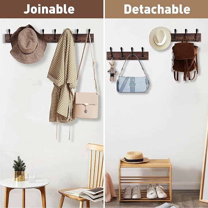Kuhome 32.2'' Large Coat Rack Wall Mount Coat Hooks Coat Hanger with 8 Metal Black Triple- Hooks Brown Pine Real Wood Plank H