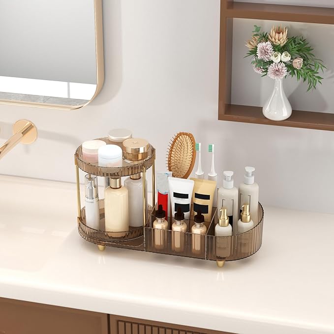Makeup Organizer Countertop with 360 Rotating Perfume Trays, 7-Divider Vanity Skincare Organizers, Make Up Desk Organization 