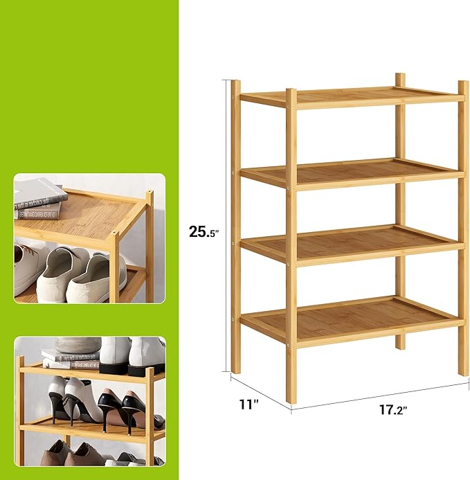 BMOSU 4-Tier Bamboo Small Shoe Rack Premium Stackable Shoe Shelf Storage Organizer for Hallway Closet Living Room Entryway Or