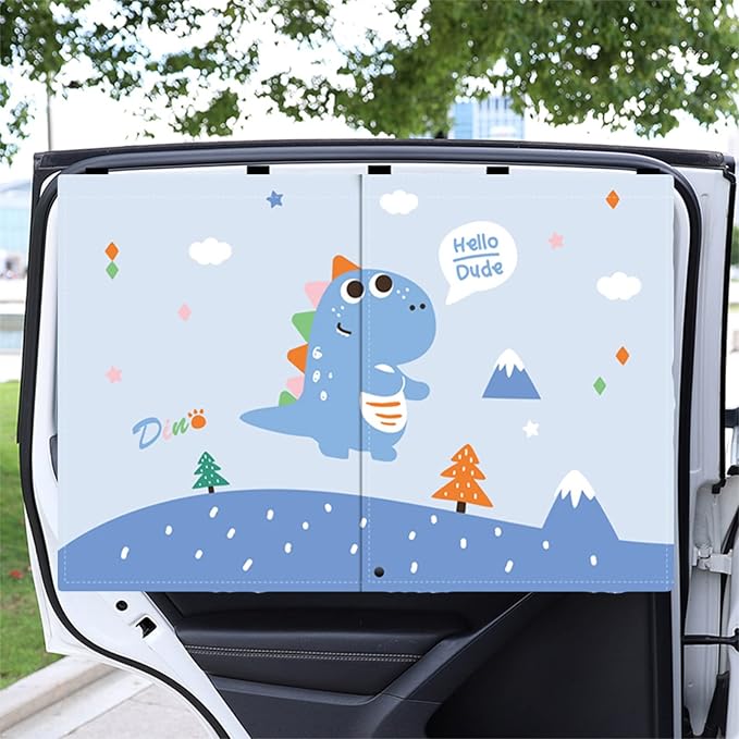Car Sun Shade for Baby - EOHMAK Car Side Window Sun Shade Cover Upgrade Double Opening Car Interior Curtain Sun Blocker Blind (Blue Dinosaur, 2 Pack)