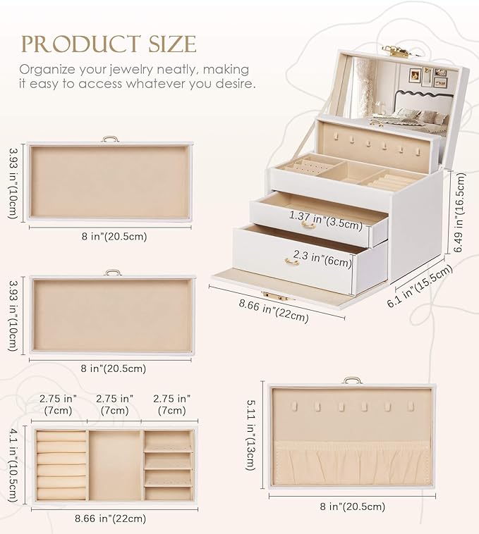 Enthralite Jewelry Box with Lock for Girls: Jewelry Organizer for Dresser - 3-Drawer Earrings Storage Girls Women Gift (White