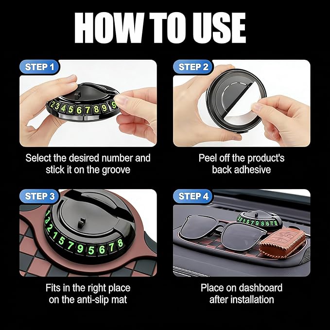 3-in-1 Car Dashboard Anti-Slip Mat, 360° Rotatable Phone Holder with Temporary Parking Number, Universal Fit Non-Slip Pad for