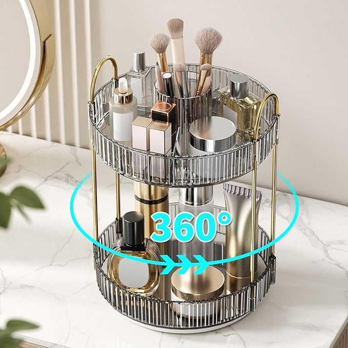 360° Rotating Makeup Organizer, Large-Capacity Skincare Make Up Storage 2 Tier Perfume Organizers Cosmetic Dresser Organizer 