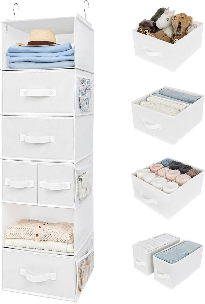 GRANNY SAYS Hanging Closet Organizer and Storage, 6 Shelf Clothes Organization with Drawers, 6 Side Pockets Closet Hanging Sh