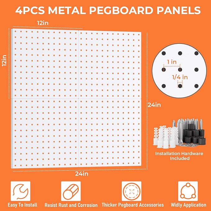 INCLY 70PCS Metal Peg Board Kit with 1/4" Pegboard Accessories, 4 Pack White Pegboard Panels, Bins, Cups and Peg Board Hooks,