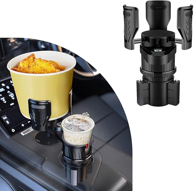 Dual Car Cup Holder Expander, 2 in 1 Multifunctional Auto Drink Adapter with Adjustable Base, 360 Degrees Rotating Cupholder Extender with Compass, Universal Car Accessories