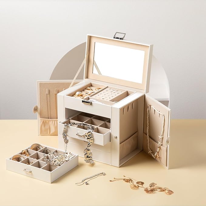 Frebeauty 5-layer Jewelry Box,Faux Leather Jewelry Organizer with 4 Drawers,Jewelry Organizers and Storage with Mirror,Jewelr