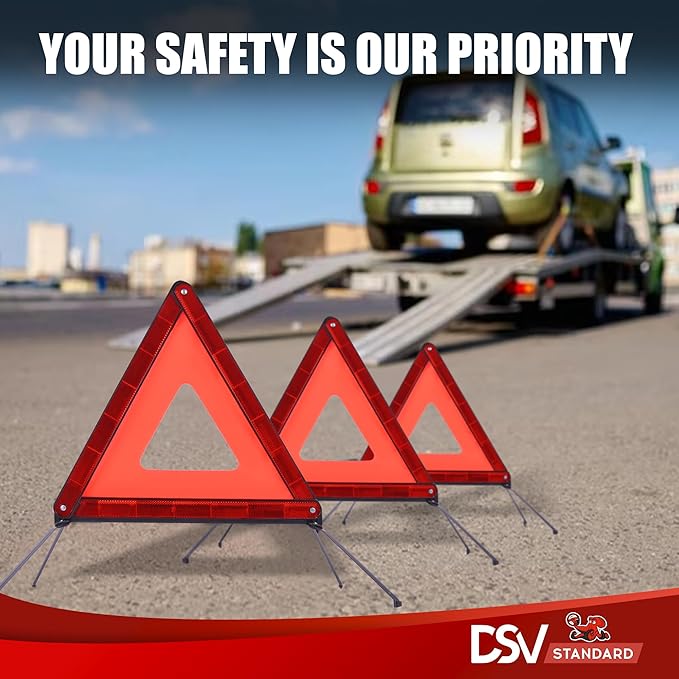 DSV Standard Emergency Triangles, Warning Triangles for Vehicles, Reflective Triangle, Safety Triangles with Case for Vehicle