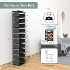 Vertical Shoe Rack, 10 Tier Narrow Shoe Rack for Closet & Entryway, Space Saving Tall Shoe Organizer for Small Spaces, Sturdy
