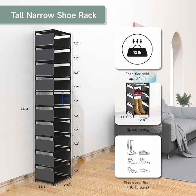 Vertical Shoe Rack, 10 Tier Narrow Shoe Rack for Closet & Entryway, Space Saving Tall Shoe Organizer for Small Spaces, Sturdy
