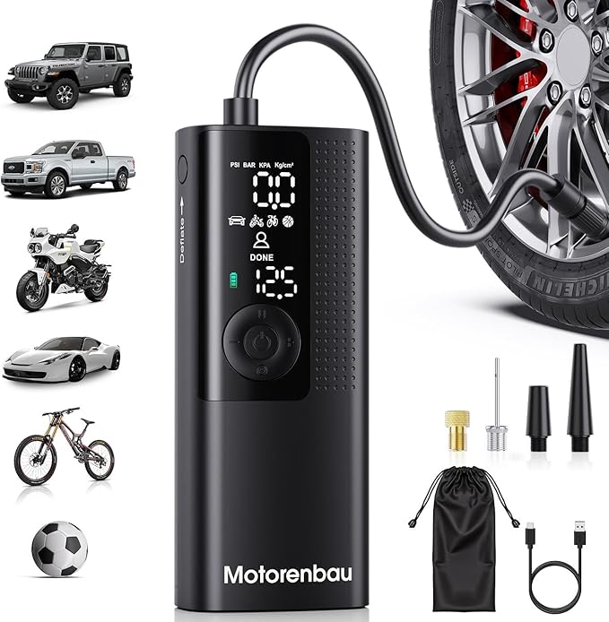 Tire Inflator Portable Air Compressor - Portable Cordless Mini Air Pump with Digital Pressure Gauge, 150PSI 3X Fast Inflation and Auto Shutoff Function Tires Pump for Cars