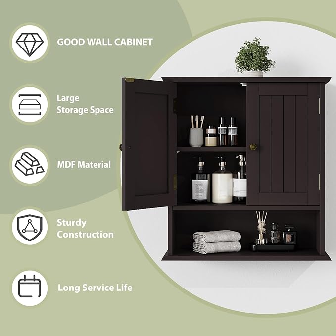 Smuxee Brown Bathroom Cabinet Wall Mounted, Small Medicine Cabinet with 2 Door Adjustable Shelves, Wall Cabinet Over Toilet f