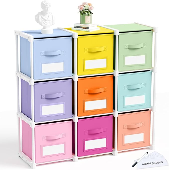 Geelin 9 Cube Toy Storage Organizer with Fabric Bins and Labels, 11 Inch Collapsible Colorful Cubby Storage Drawers Pastel Dr