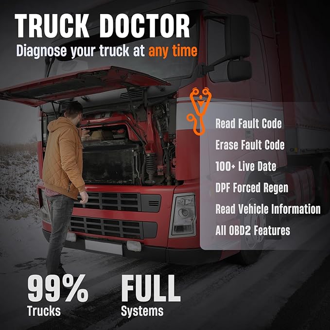 ANCEL HD100 Heavy Duty Truck Scanner with DPF Regen for Cummins & CAT Engines, Bluetooth Diesel Diagnostic Tool with