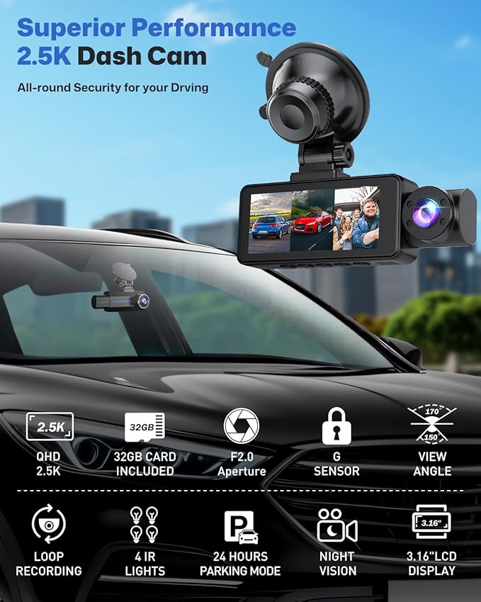 Dash Cam Front and Rear 2.5K/1440P, 3 Channel Dash Camera for Cars Dash Cam Front Rear and Inside with 32GB Card, 3.16" IPS S