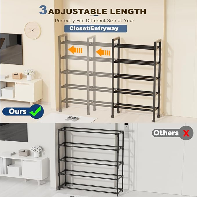 Mavivegue 5-Tier 19"-43.3" Adjustable Shoe Rack for Closet,Expandable Shoe Rack, Hall Entryway,Front Door,Garage, Sturdy Stee