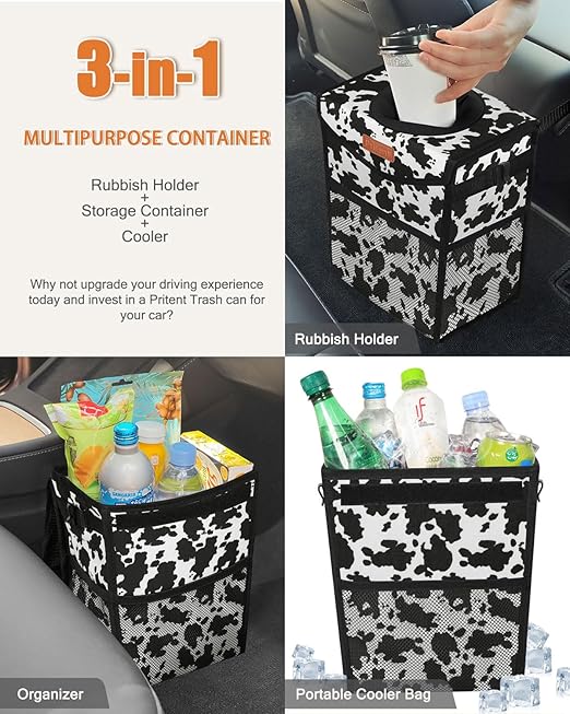 Car Trash Can with Lid, Cute Leakproof Car Trash Garbage Bag Hanging Vehicle Trash Bin Small Portable Automotive Garbage Cans Organizer for Back/Front Seat/Console(2.8 Gallons,Cow Print)