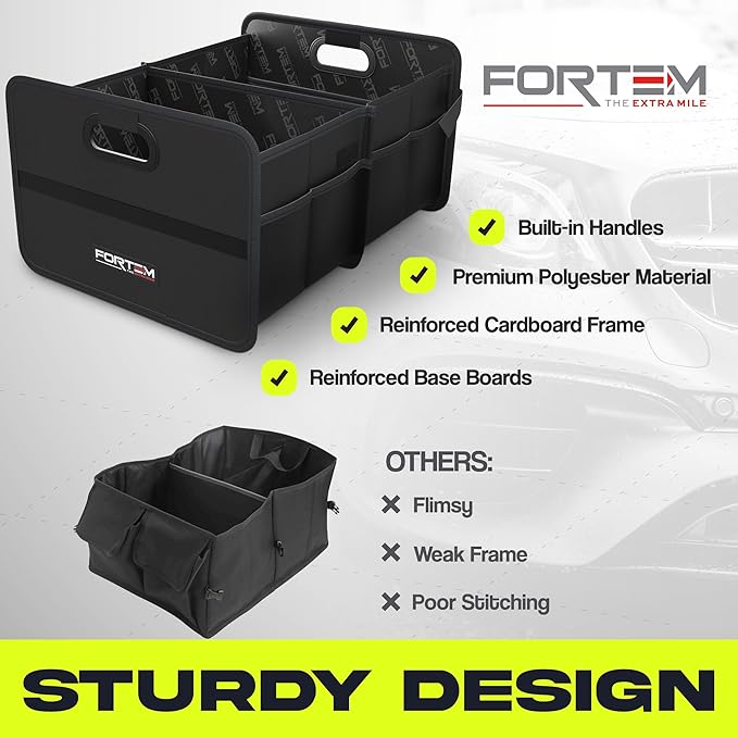FORTEM Car Trunk Organizer, Collapsible Two Compartment Organizer, Foldable SUV & Truck Storage for Car Accessories for