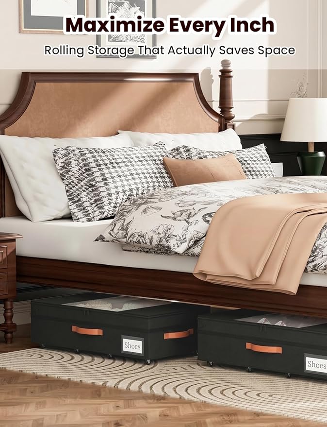 2-Pack Under Bed Storage with Wheels and 6 Vacuum Seal Bags, Adjustable Height 7.9"-10.2",Heavy Duty Capacity,Clear Lid Organ