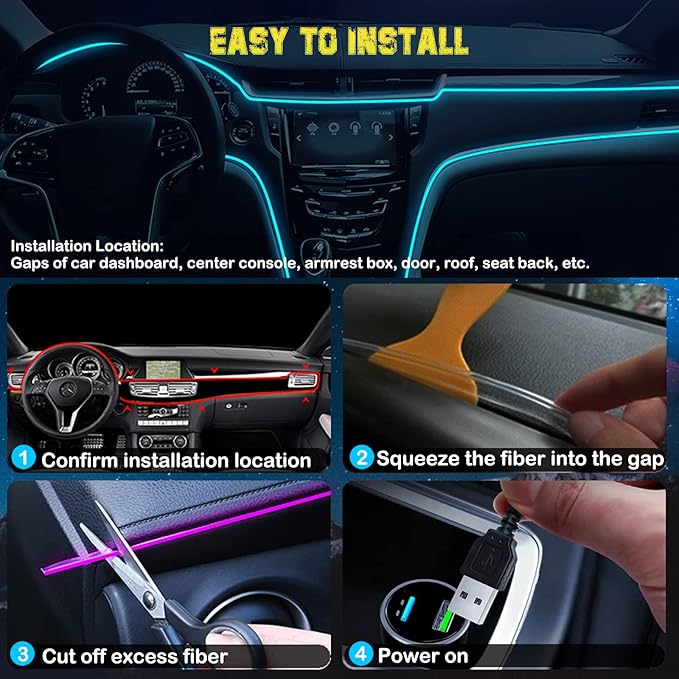 Interior Car LED Strip Lights, RGB USB Ambient Lighting with Fiber Optic, EL Wire Car Accessories (2 in 1)