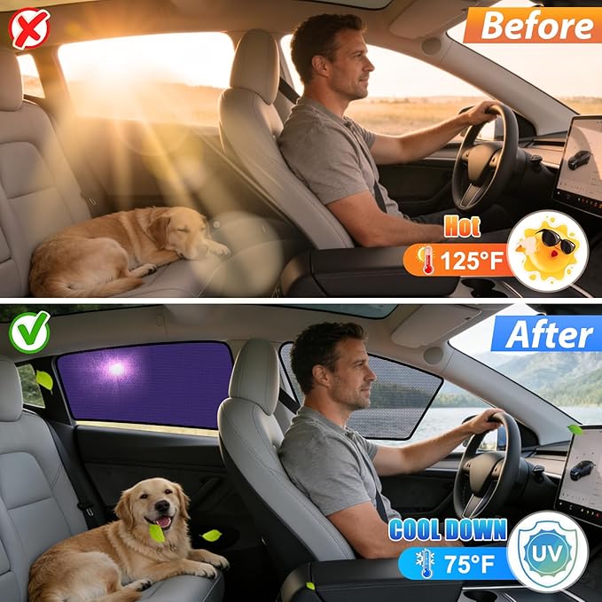 ZATOOTO Tesla Model Y Car Window Shades for Side Windows Sun Shade Static Cling | Front for Driver Visibility | Rear for Baby Sun Protection | Specific fit Frameless Doors | 2020-2024