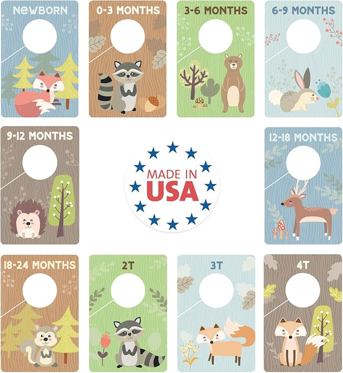 Woodland Closet Clothing Size Dividers / 4" x 6" Closet Organizers for Newborn Baby to 4T Clothes / 10 Forest Animal Baby Clo