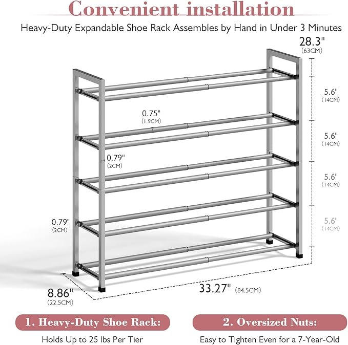 Bumusty 5-Tier Expandable Shoe Rack for Closet, 18“-33” Adjustable Shoe Rack for Small Space, Small Shoe Organizer for Front 