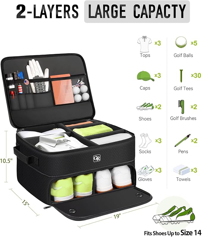 Odor-Absorbing 2-Layer Large Golf Trunk Organizer with Activated Carbon Fabric - Water-Resistant Golf Shoe Bag for Shoes Balls Tees Clothes