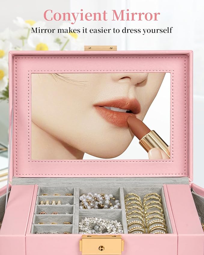 TORIBIO Jewelry Box for Women, Leather Jewelry Organizer with Mirror & Lock, 4-Tier Jewelry Storage Organizer with 3 Drawers 