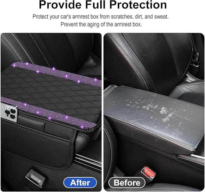 NBTEPEM Bling Car Center Console Cover, Leather Car Arm Rest Cover Cushion with 2 Storage Bags, Universal Auto Armrest Protector Storage Box, Bling Accessories Interior for Most Vehicles (Purple)