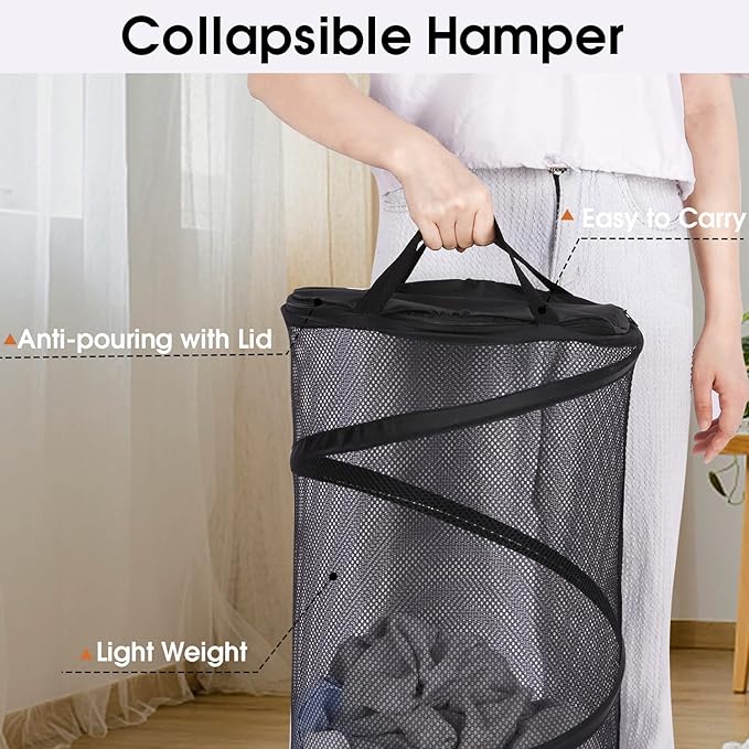 BATTOO Collapsible Laundry Basket with Lid Foldable Mesh Pop Up Hamper with Handles for Laundry Room, Bathroom, Kids Room, Co