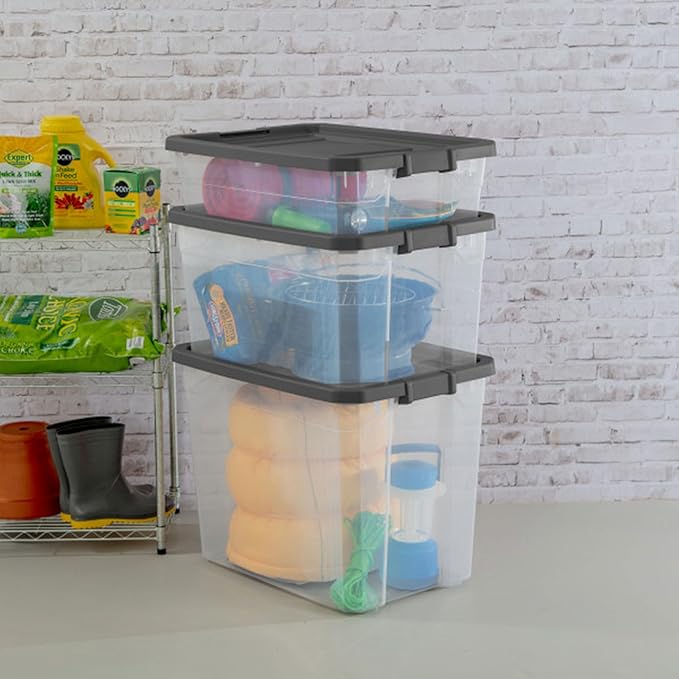 Sterilite 18-Pack Modular Stacker Box, Durable Clear Plastic Storage Bins with Latching Lids, 40 Quart - Stackable Organizing
