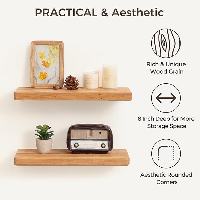 Fun Memories Floating Shelves for Wall, Rustic Wood Floating Shelf for Home Decor, Solid Elm Wood Wall Shelf Heavy-Duty Brack